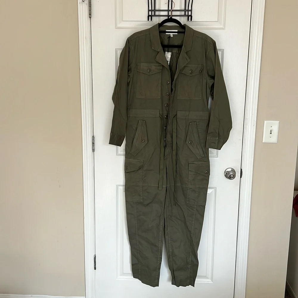 Alex Mill Long Sleeve Button Up Cargo Cotton Jumpsuit Size L Olive Green - Picture 5 of 11